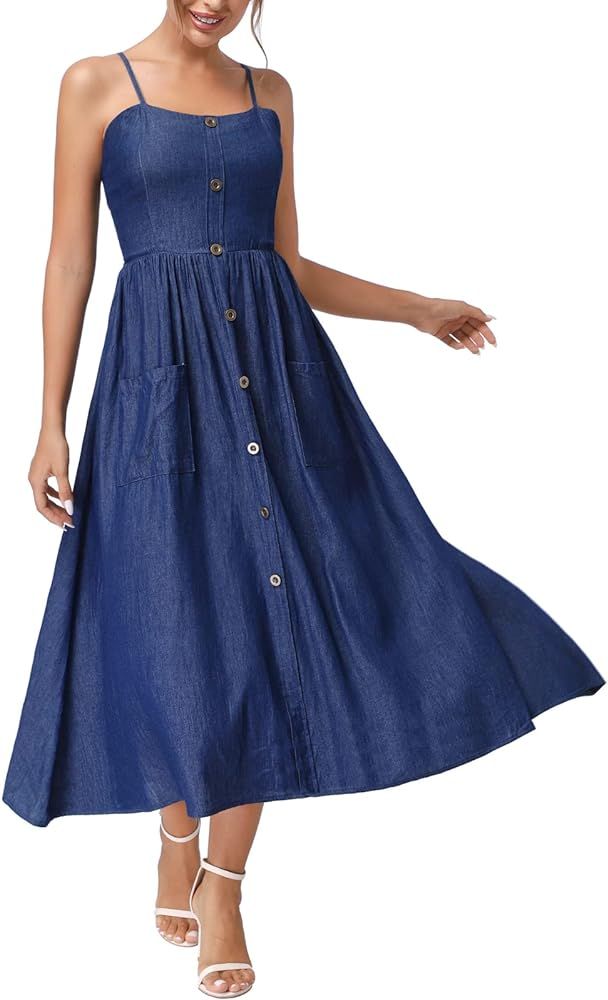 DREFBUFY Women's Maxi Dress Sleeveless Denim Long Summer A-line Casual Blue Cotton Boho Flowy Sun... | Amazon (US)