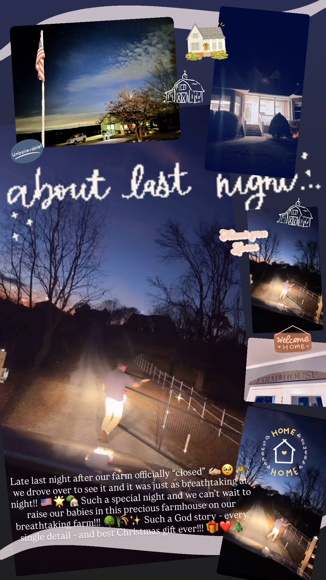 Late last night after our farm officially “closed” ✍🏼🥹🐴, we drove over to see it and it was just as breathtaking at night!! 🇺🇸🌟🏡 Such a special night and we can’t wait to raise our babies in this precious farmhouse on our breathtaking farm!!! 🌳🌾✨ Such a God story - every single detail - and best Christmas gift ever!!! 🎁❤️🎄