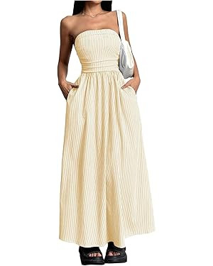 Milumia Women's Striped Strapless Maxi Dress Summer Casual Tube Top Long Dresses with Pocket | Amazon (US)