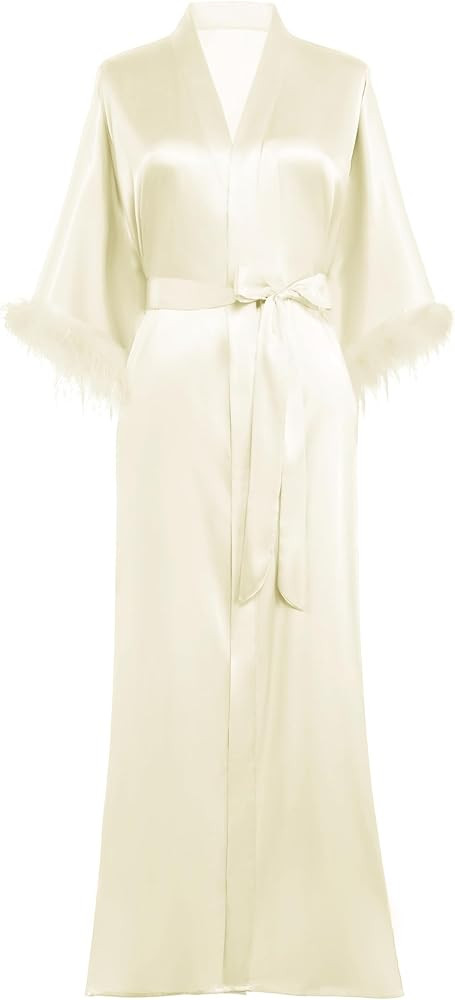 PRODESIGN Satin Kimono Robe Long Silky Bathrobe with Ostrich Feather Trim Sleepwear Wedding Bride... | Amazon (US)