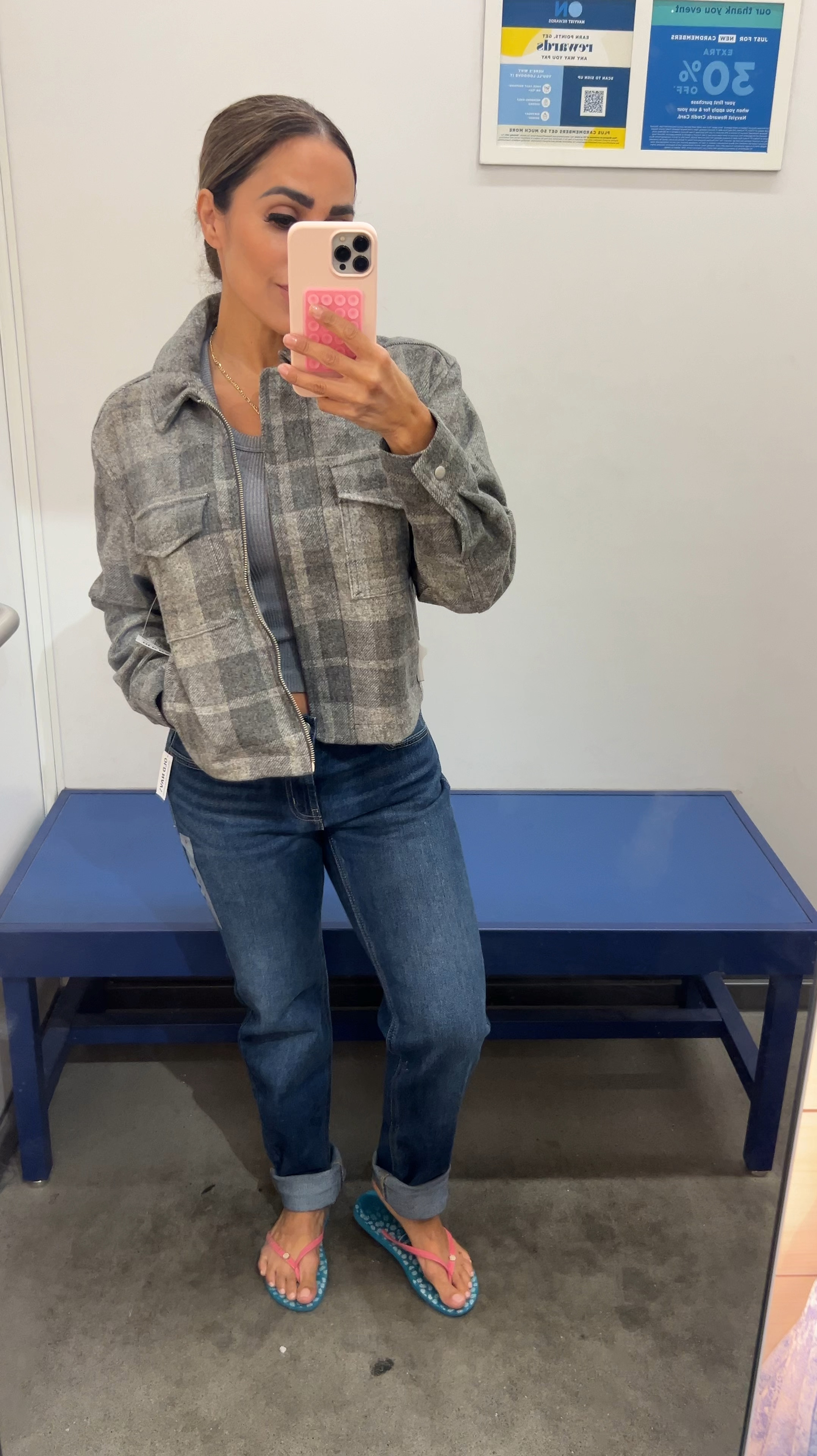 I’m weeding a size XS (regular) for get jacket, a size 0 (regular) for the jeans and a size XS for the tank top. I am 5’0” and 115 lbs. 34B. 

#LTKOver40 #LTKVideo #LTKFindsUnder50