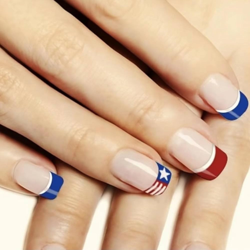 24 Pcs Red French Tip Press on Nails Short Square Fake Nails 4th of July Glue on Nails American F... | Amazon (US)