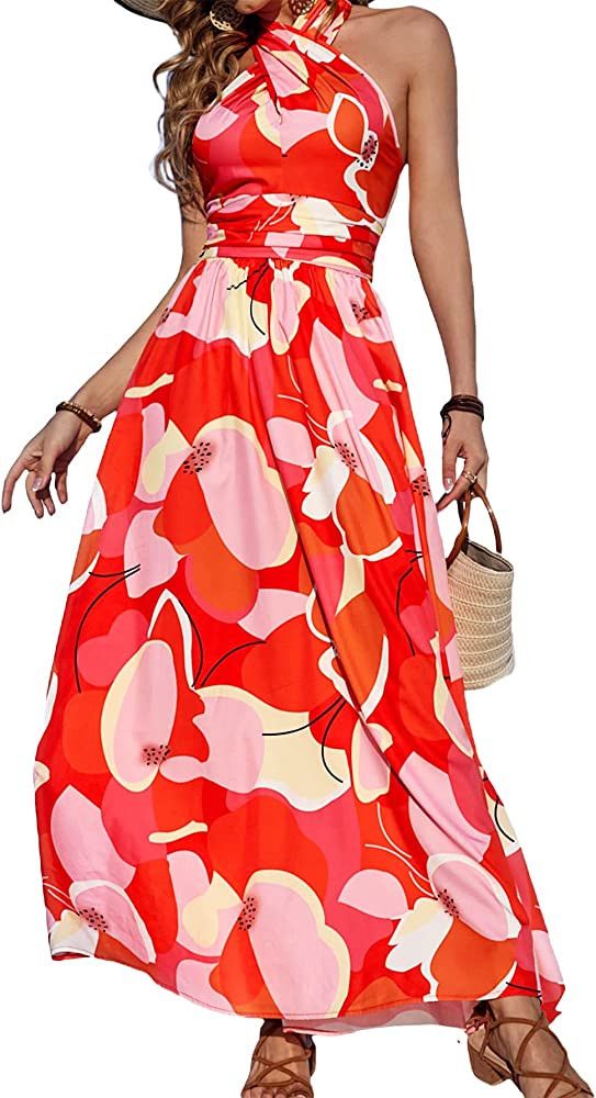 WDIRARA Women's Floral Print Criss Cross Sleeveless Tie Back Halter Dress, Mothers Day Outfit | Amazon (US)