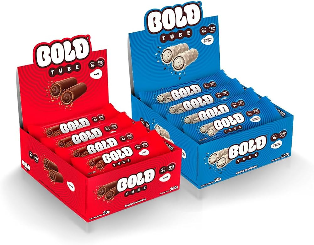 BOLD Snacks barra de proteína - KIT Tube Avelã + Tube Cookies e Cream (2 Caixas C/ 12 unid.) | Amazon (BR)
