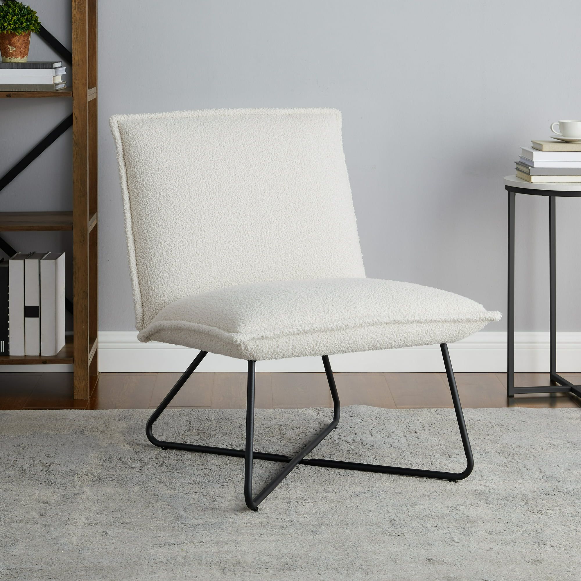 Linon Kinard Lounge Chair, Black Metal Legs with Off-White Sherpa Fabric | Walmart (US)