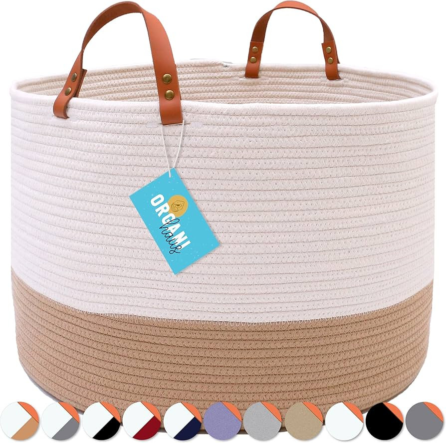 OrganiHaus White Extra Large Blanket Basket for Living Room 20x13 | Woven Baskets with Leather Ha... | Amazon (US)