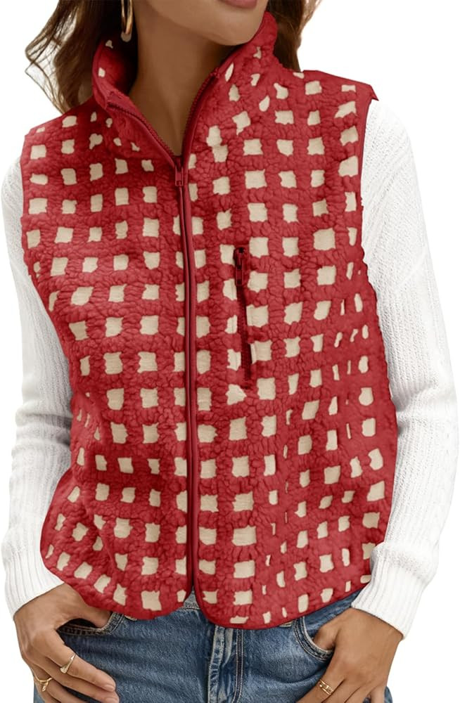 Tankaneo Womens Checkered Sherpa Vest Fleece Fuzzy Zip Up Sleeveless Jacket Casual 2025 Winter Wa... | Amazon (US)