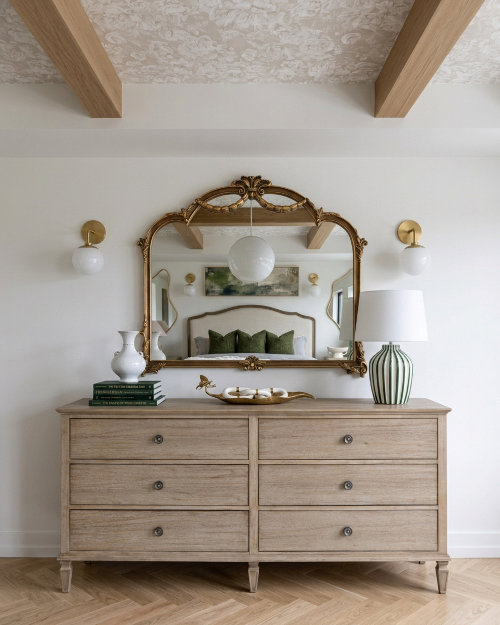 Shop the look:
* Upholstered wood-trim bed frame
* Organic wavy brass mirror
* Boucle bench
* Boucle arch ottoman
* Boucle wedge ottoman set
* Chunky knit throw blanket
* Green velvet lumbar pillows
* Green graphic throw pillows
* Abstract framed wall art
* Abstract black and white wall art
* Floral botanical framed art
* White glass globe pendant light
* Oversized globe pendant light
* Wood beam ceiling
* Floral printed ceiling wallpaper
* Brass wall sconces
* Brass and glass globe sconce
* Vintage-style nightstands
* Marble slab fireplace surround
* Oak wood block coffee table
* Wood-framed accent chairs (pair)
* Slipcovered sofa
* Ribbed glass cabinet doors
* Sage green built-in cabinetry
* Reclaimed wood console table
* Vintage medallion runner rug
* Layered vintage rugs
* Floral ginger jar table lamp
* Green deer figurines
* Ceramic pitcher vase
* Chinoiserie floral ceramic vase
* Faux cherry blossom stems
* Purple veined marble countertop
* Moody marble backsplash
* Antique brass drawer pulls

#LTKsale #LTKhome #LTKstyletip