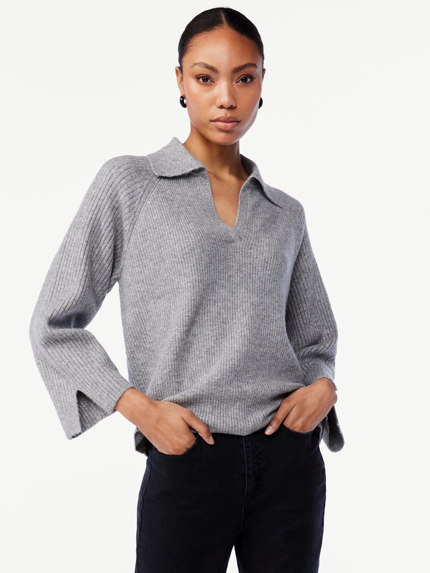 Scoop Women's Polo Sweater with Slit Sleeves - Walmart.com | Walmart (US)