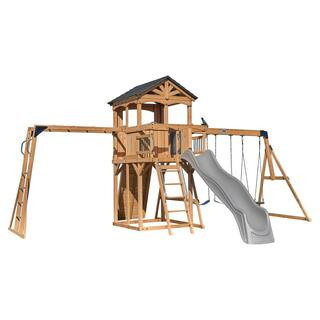 Dover Bay Spruce Wood Outdoor Swing Set Playset with Wave Slide, Clubhouse, Monkey Bars, and Rock Wall | The Home Depot