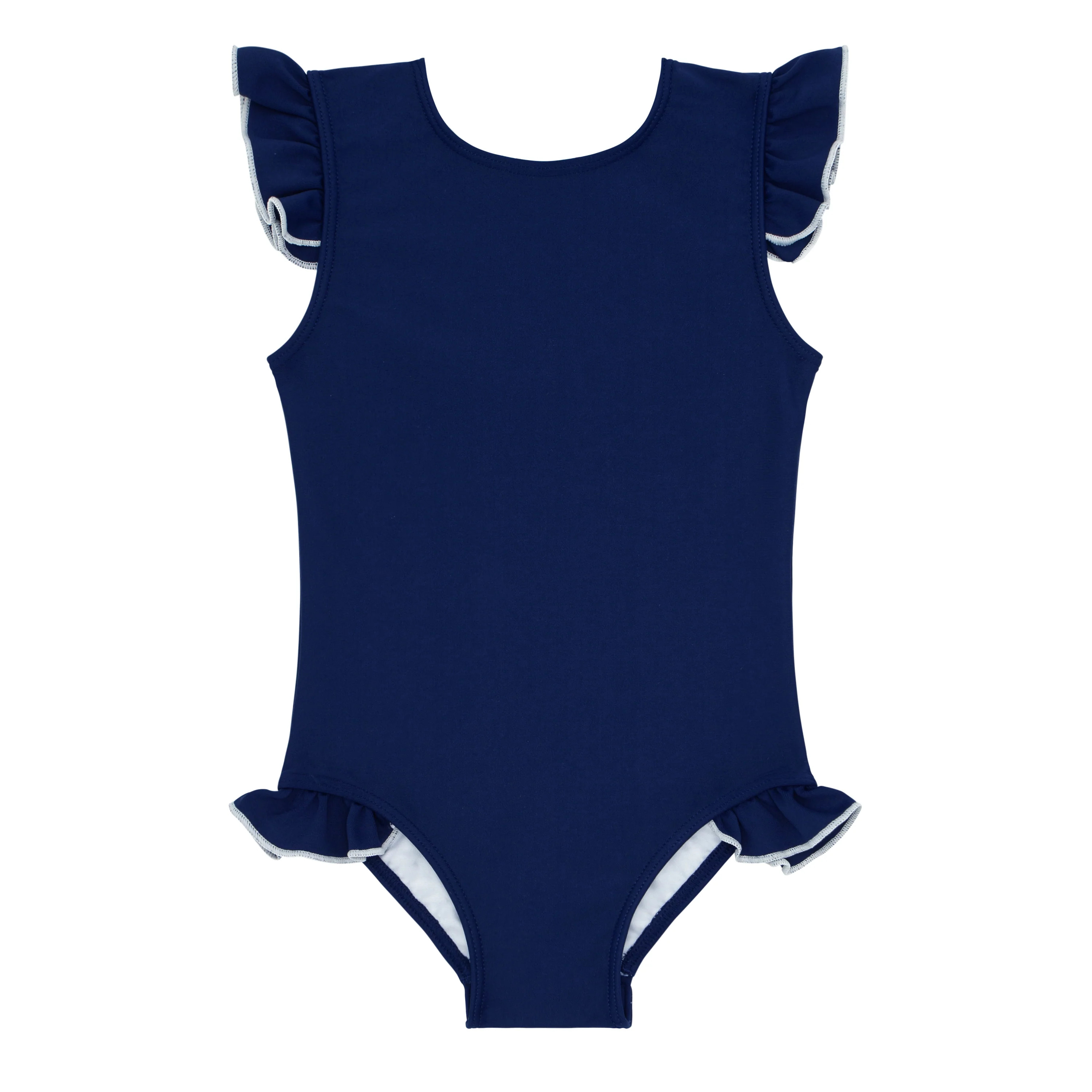 girls navy with white trim ruffle sleeve rashguard one piece | minnow swim | minnow