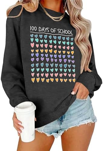Ithalt 100 Days of School Shirt for Women Happy 100 Days of School Sweatshirt Teacher Graphic Lon... | Amazon (US)