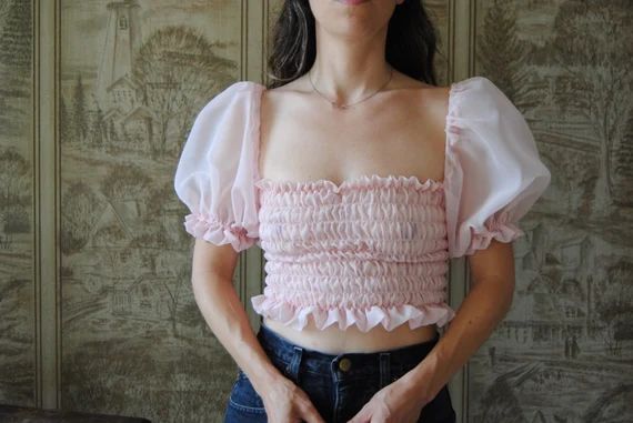 Sheer Milkmaid Crop Top in Pastel Pink Textured Shirred Puff | Etsy | Etsy (US)
