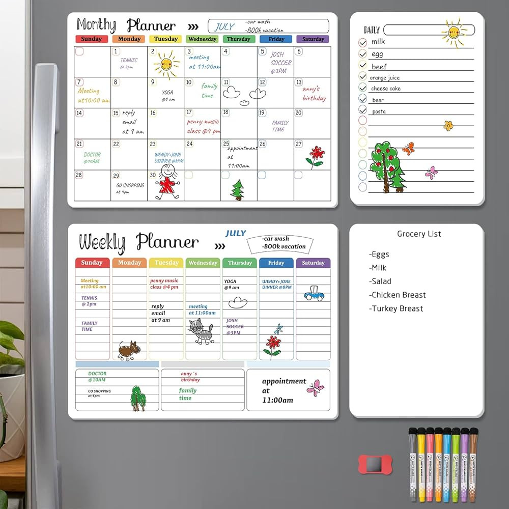 Hivillexun Magnetic Dry Erase Calendar Whiteboard Set (4-Pack) for Home, Kitchen with Monthly and... | Amazon (US)