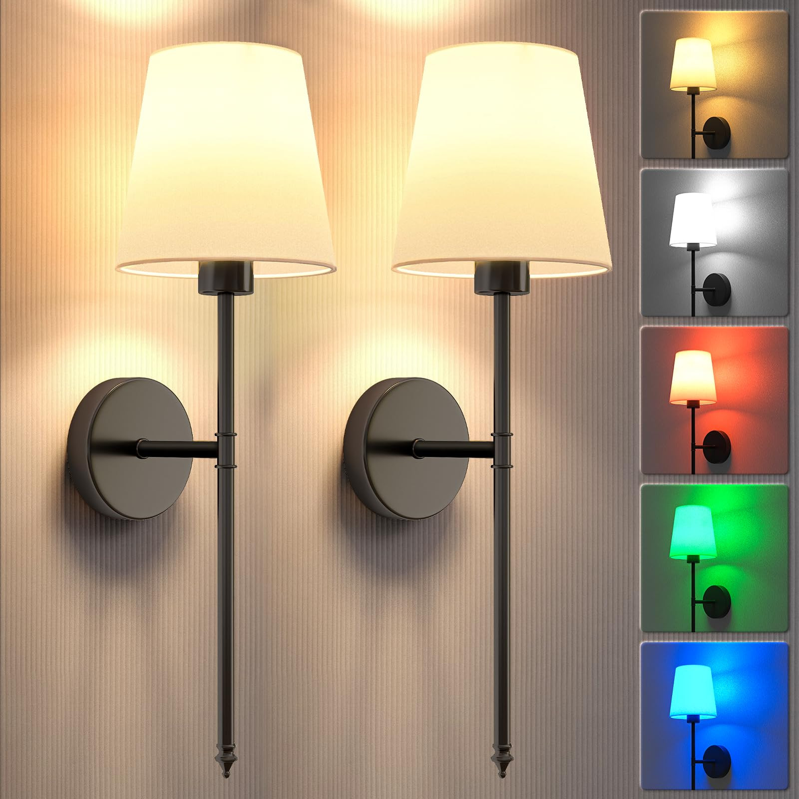 Wall Lights Battery Operated Wall Sconces Set of 2,Black Wireless Wall Sconces with Remote,9 Colors Modes Rechargeable Wall lamp for Bedroom Living Room | Amazon (US)