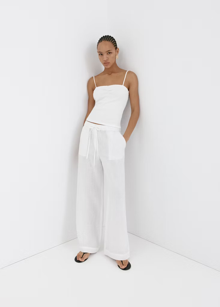 Mango linen wide-leg trousers in white