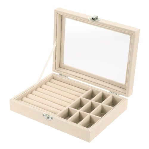 uxcell Velvet Ring Jewelry Box Organizer, 7 Slots Jewelry Display Case with Glass Lid Jewelry Earrings Necklace Rings Organizer Tray with 9 Grid for Wife and Women (Beige) | Amazon (US)
