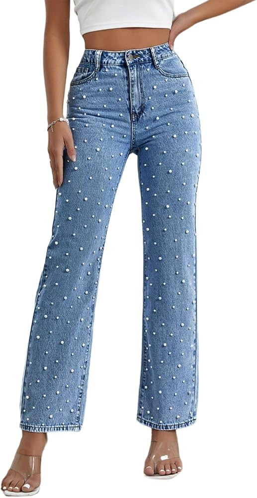 Women’s High Waisted Pearl Jeans Stretch Straight Leg Denim Pants Trendy Y2K Beaded Casual Jean... | Amazon (US)