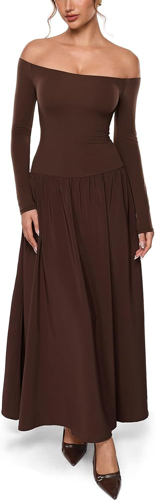 INLYRIC Women's Off The Shoulder Long Sleeve Maxi Dresses Elegant Formal Wedding Guest Cocktail L... | Amazon (US)