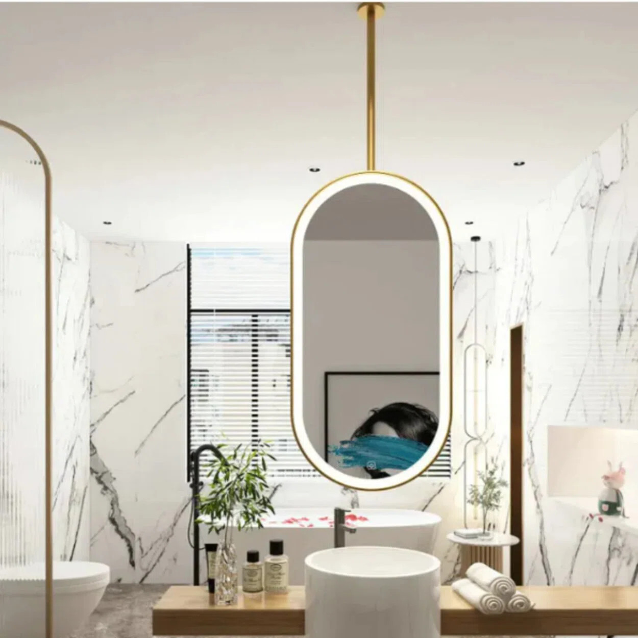 Everly Quinn Rhode Gold Metal Oval Ceiling Mount LED Lighted Bathroom 20"x36" | Wayfair | Wayfair North America