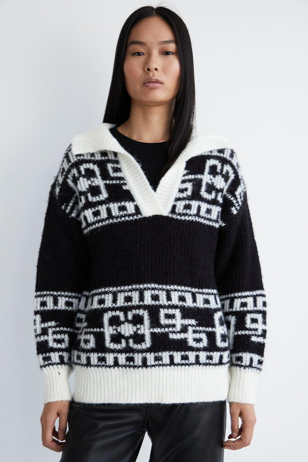 Ladder Jacquard Collar Knit Jumper | Warehouse UK & IE