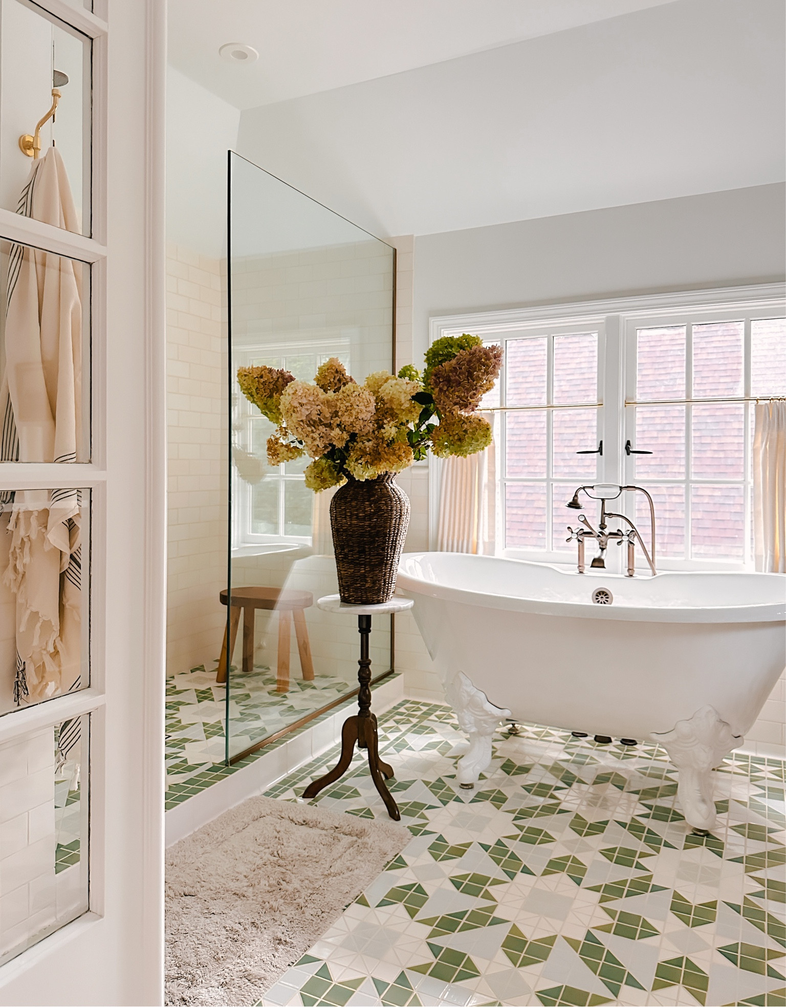 bathroom details. my bath rug is 20% off with code: FRIENDS23. *linking exact and similar items: bathroom rug, pedestal table, woven vase, flat weave towel, teak stool, cafe rod, cafe curtain, brass double robe hook | fall home decor  

#LTKstyletip #LTKhome #LTKsalealert
