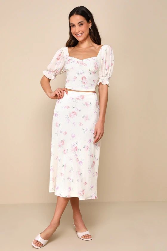 Cherished Perfection Cream Floral Print High-Rise Midi Skirt | Lulus