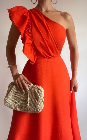 Dixie Midi Dress - Linen Look One Shoulder Ruffle Dress in Red Orange | Showpo (US, UK & Europe)