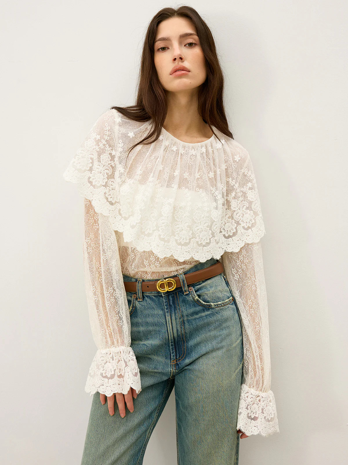 Semi-Sheer Ruffle-Trimmed Lace Flared-Sleeve Blouse | Commense
