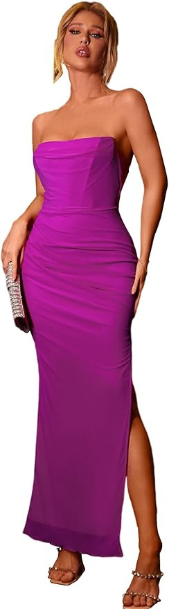 XinFSh Women's Strapless Bodycon Ruched Dresses Vintage Open Back Boned Corset Wedding Guest Dres... | Amazon (US)