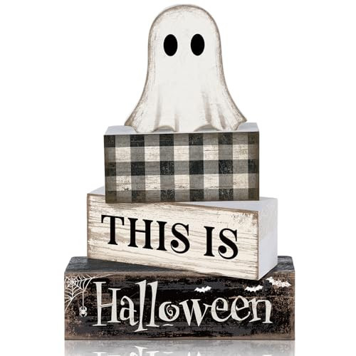 Lineshading 4 Pcs Ghost Halloween Decor Black and White Halloween Tiered Tray Decor Ghost Table Centerpiece Decorations Rustic Wooden Block Sign Gift for Home Shelf Kitchen Coffee Bar | Amazon (US)