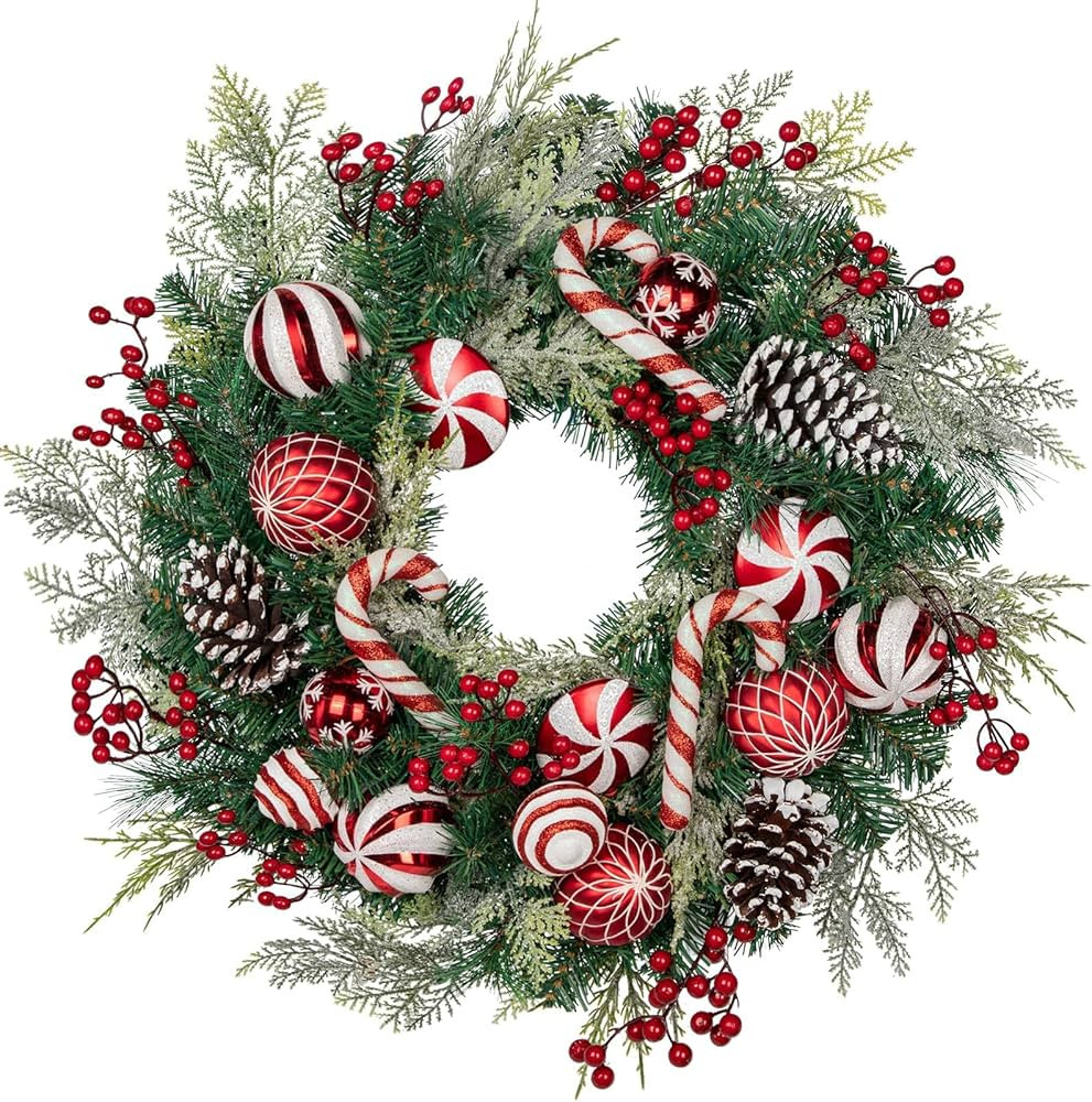 24 inch Christmas Door Wreath, Norfolk Pine Wreaths for Front Door with Candy Cane Red and White ... | Amazon (US)