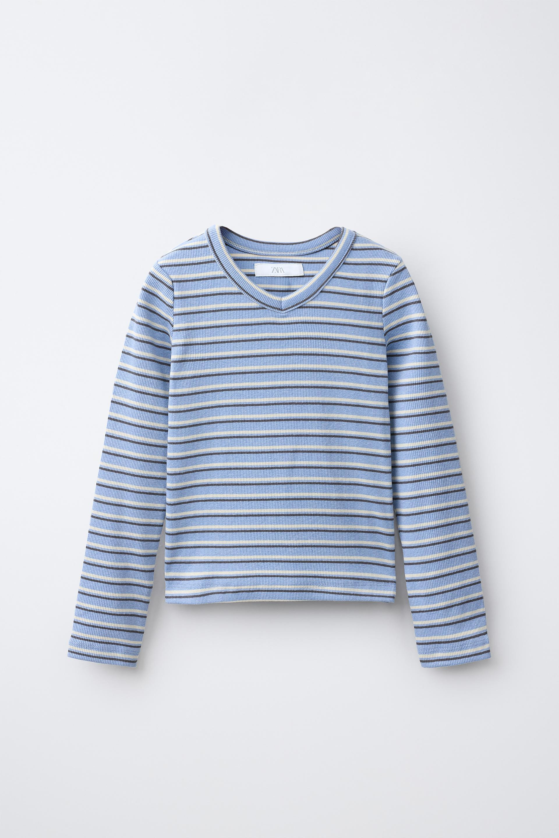 Zara - Striped Ribbed V-Neck T-Shirt - Striped - 9-10 Years (55,1 Inches) - Kids | Zara US