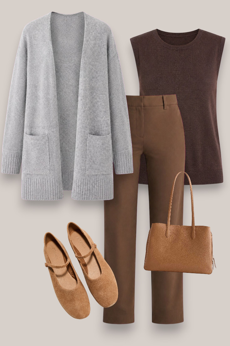 Soft, cosy and still polished 🤎 This long grey cardigan is such an easy fall layering piece, especially paired with chocolate brown tailoring and suede Mary Janes. A lovely smart-casual outfit for cooler days. 

 #LTKautumn #LTKmidsize #LTKstyletip