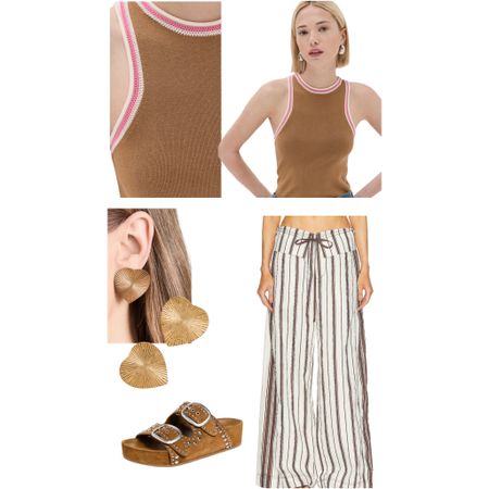 Laid-back fold over pants in a chocolate and ivory striped print. Paired with a sleeveless tank with contrasting trim, and textured accessories

#LTKshoecrush #LTKSeasonal #LTKstyletip