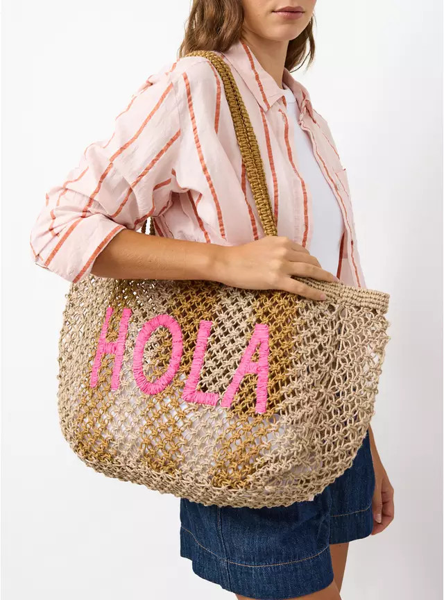 Buy Natural Stripe Print Hola Graphic Straw Beach Bag One Size | Bags | Tu | Tu Clothing