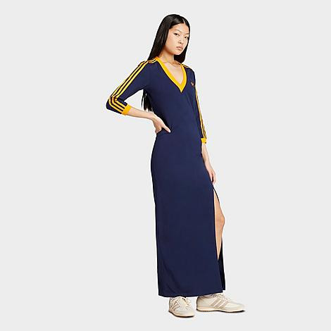 adidas Women's Originals adicolor Classics 3-Stripes V-Neck Maxi Dress in Night Indigo/Crew Orange Size: 2XL | Finish Line (US)