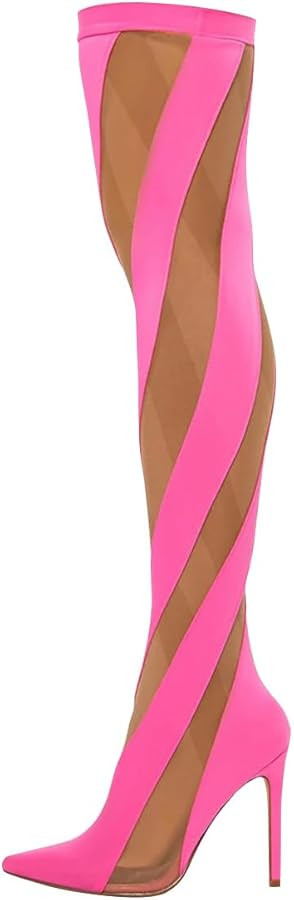 FSJ Women Sexy Pointed Toe Thigh High Boots Ladies Elastic Mesh Multicolor Over the Knee Boots St... | Amazon (US)