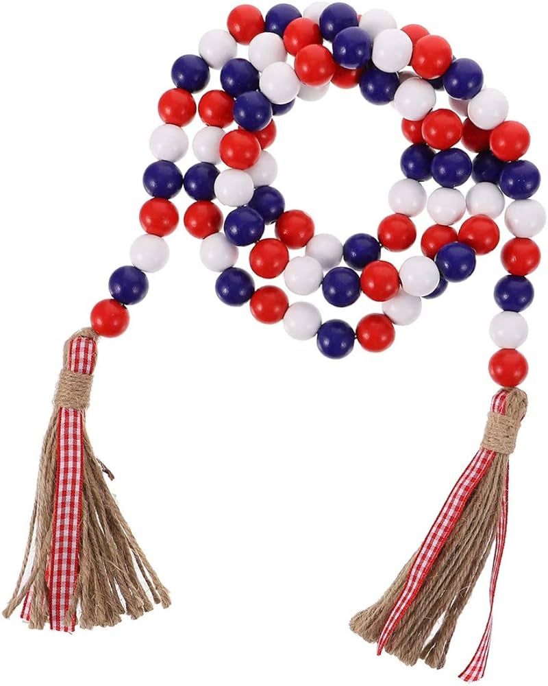 Wood Bead Garland with Rustic Tassels, Farmhouse Wall Hanging Prayer Beads Patriotic American Ind... | Amazon (US)