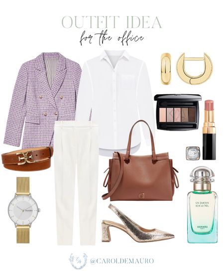 Office outfit idea you can copy! A classic white long-sleeve top and trouser pants, with a pastel purple blazer, metallic gold slingback heels, a brown handbag, and more!
#workwear #petitestyle #shoeinspo #modestlook

#LTKworkwear #LTKstyletip #LTKshoecrush