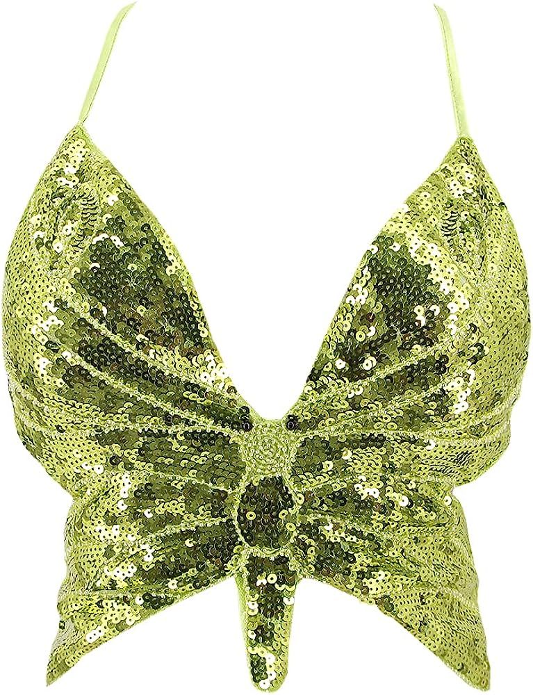 Mocure Womens Glitter Sequin Butterfly Crop Top Low-Cut Tank Top Rave Tube Vest Top for Belly Dance  | Amazon (US)