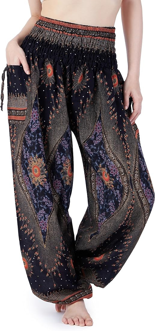 Lannaclothesdesign Women's Smocked Waist Boho Flowy Yoga Harem Pants Hippie Clothes | Amazon (US)