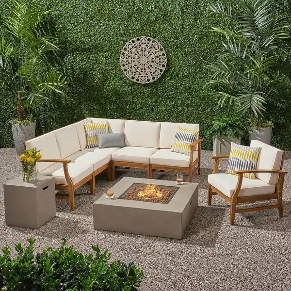 Illona Outdoor Acacia Sofa Set by Christopher Knight Home - Teak + Crème + Light Gray | Bed Bath & Beyond