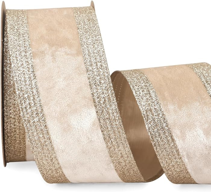 Ribbli Champagne Velvet Wired Ribbon with Glitter Edge 2.5 Inch Christmas Ribbon for Tree Gift Wr... | Amazon (US)