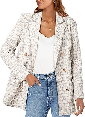 Happy Sailed Womens Tweed Blazers Casual Jackets Long Sleeve Double Breasted Open Front Plaid Bla... | Amazon (US)