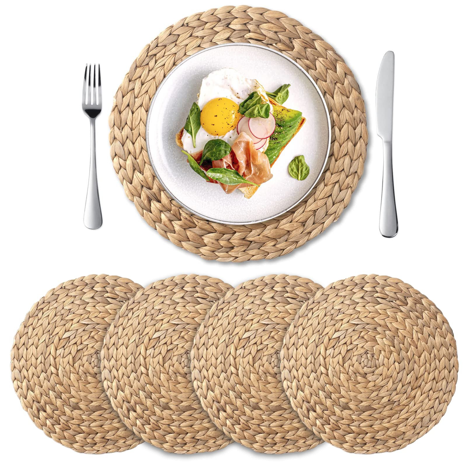 Round Woven Placemats Set of 4, Natural Water Hyacinth Place Mats, Boho Wicker Placemats, Table Mats for Dining Table (13.8 inch) by YANGQIHOME | Amazon (US)