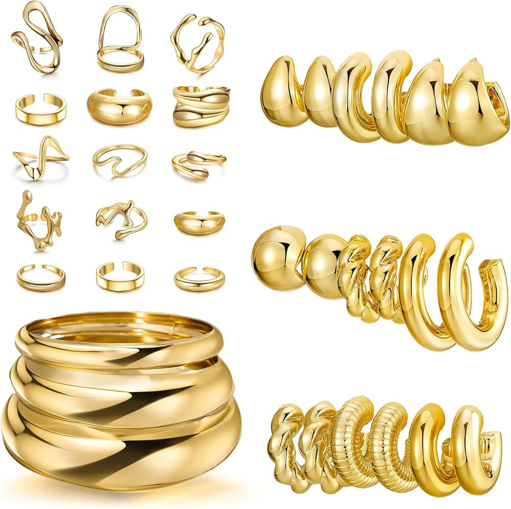 36 Pcs Golden Jewelry Set for Women Chunky Bangle Bracelet Golden Hoop Earrings Stackable Ring Ch... | Amazon (US)