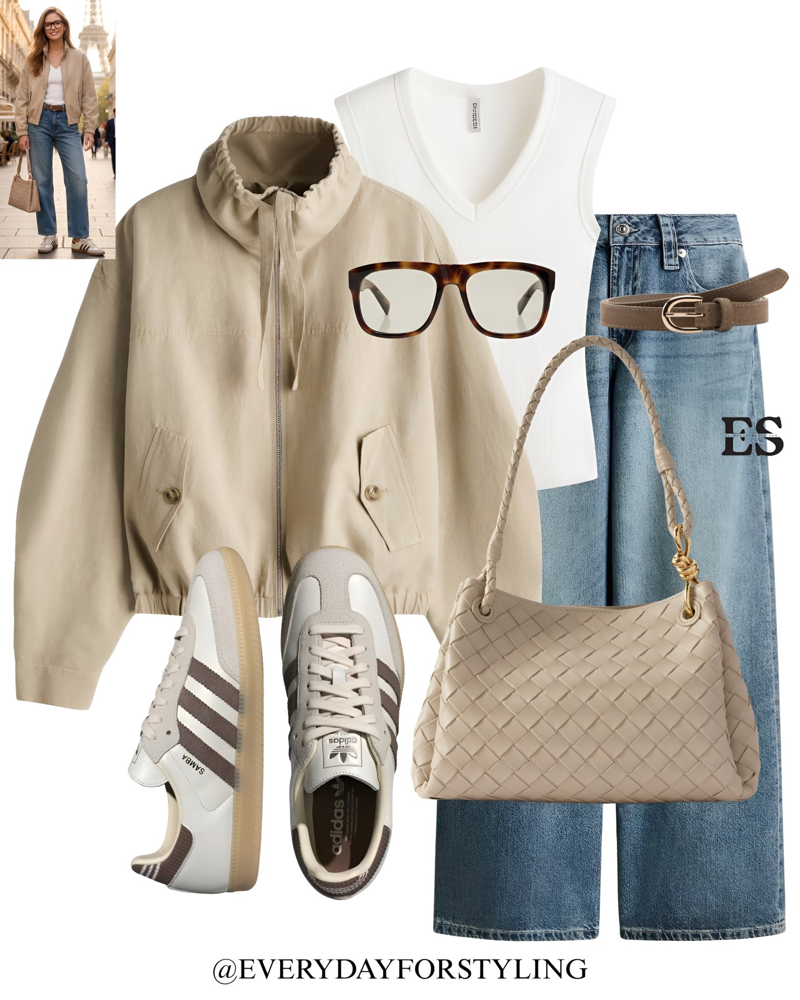 The most wearable Parisian outfit formula you will ever use 🤎✨
H&M white sleeveless ribbed v-neck under a camel drawstring windbreaker jacket, wide leg blue jeans with a taupe belt, cream and brown Adidas Sambas, a cream woven Bottega-style shoulder bag and tortoiseshell square sunglasses. Clean, cool and completely effortless from head to toe.

H&M ribbed top outfit | sleeveless top spring 2026 | H&M new in spring | ribbed vest outfit women | how to style a ribbed top | H&M basics worth buying | camel jacket outfit | brown tonal outfit | Adidas Samba outfit women | spring casual outfit ideas | elevated basics spring | H&M finds USA | neutral outfit spring 2026 | white tank top outfit | Coach raffia bag outfit | woven Mary Jane outfit | smart casual spring women | affordable spring fashion | H&M spring 2026 | Parisian casual outfit | spring style | summer outfit ideas | parisian fashion | old money style | summer outfits | summer outfit ideas | how to wear | what to wear | ways to style | everydayforstyling 

#zara #hmtop #hmnewin #LinenOutfitIdeas #EverydayForStyling     


#LTKTravel #LTKgrwm #LTKootd