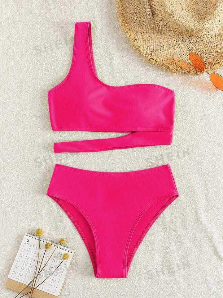 SHEIN Swim Summer Beach Solid Bikini Set Cut-Out One Shoulder Top & Bikini Bottom 2 Piece Bathing... | SHEIN