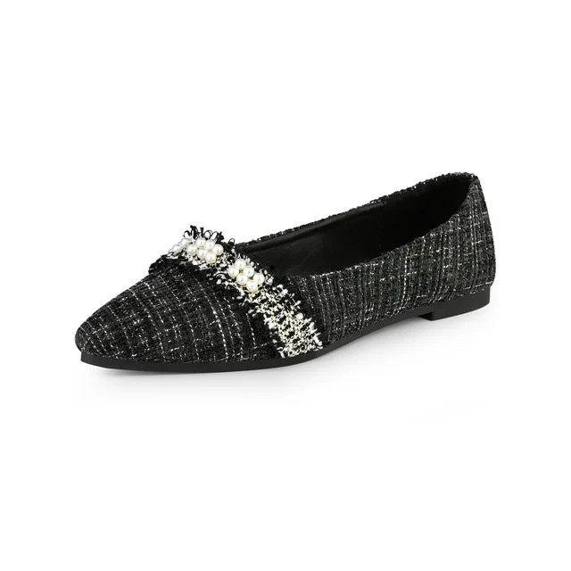 Perphy Pearl Decor Pointy Toe Tweed Plaid Ballet Flats for Women | Walmart (US)